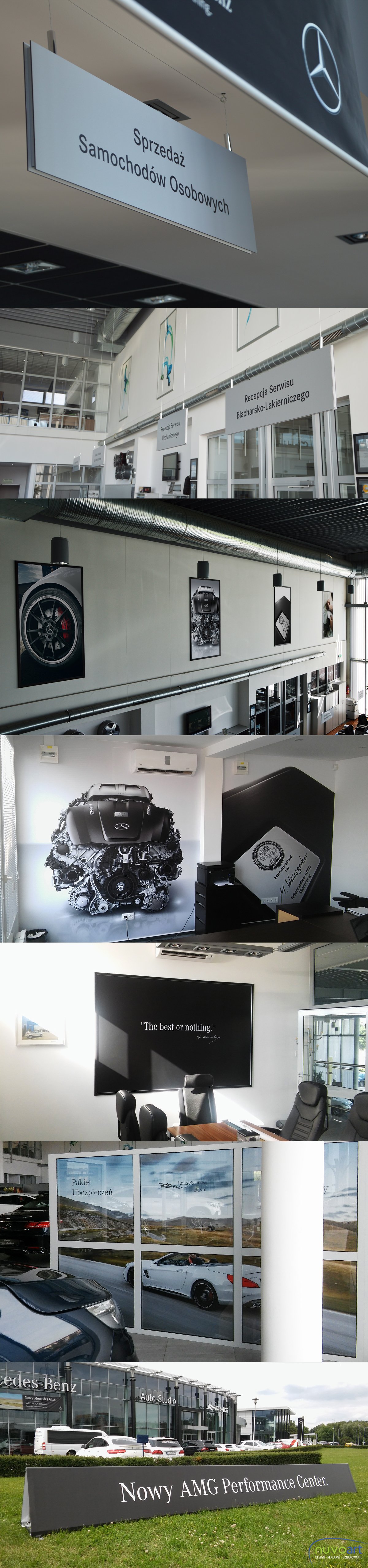 Oznakowanie salonu Mercedes Benz, które polegało na zaprojektowaniu, wykonaniu i montażu oznakowania wewnętrznego, w postaci szyldów, oklejeniu szyb folią perforowaną i mrożoną, montażu fototapet i innych grafik na ścianach, a także banerów zewnętrznych, mocowanych do spawanych konstrukcji. 