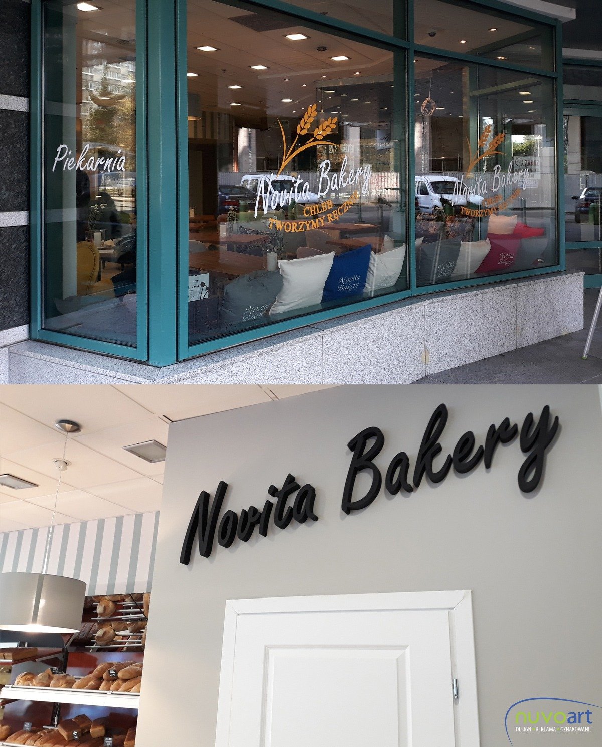 Dla piekarni Novita z ul. Grzybowskiej wykonaliśmy projekt logo, a następnie subtelne oklejenie witryn sklepu, a także logo przestrzenne, zamocowane na ścianie, wewnątrz lokalu. 