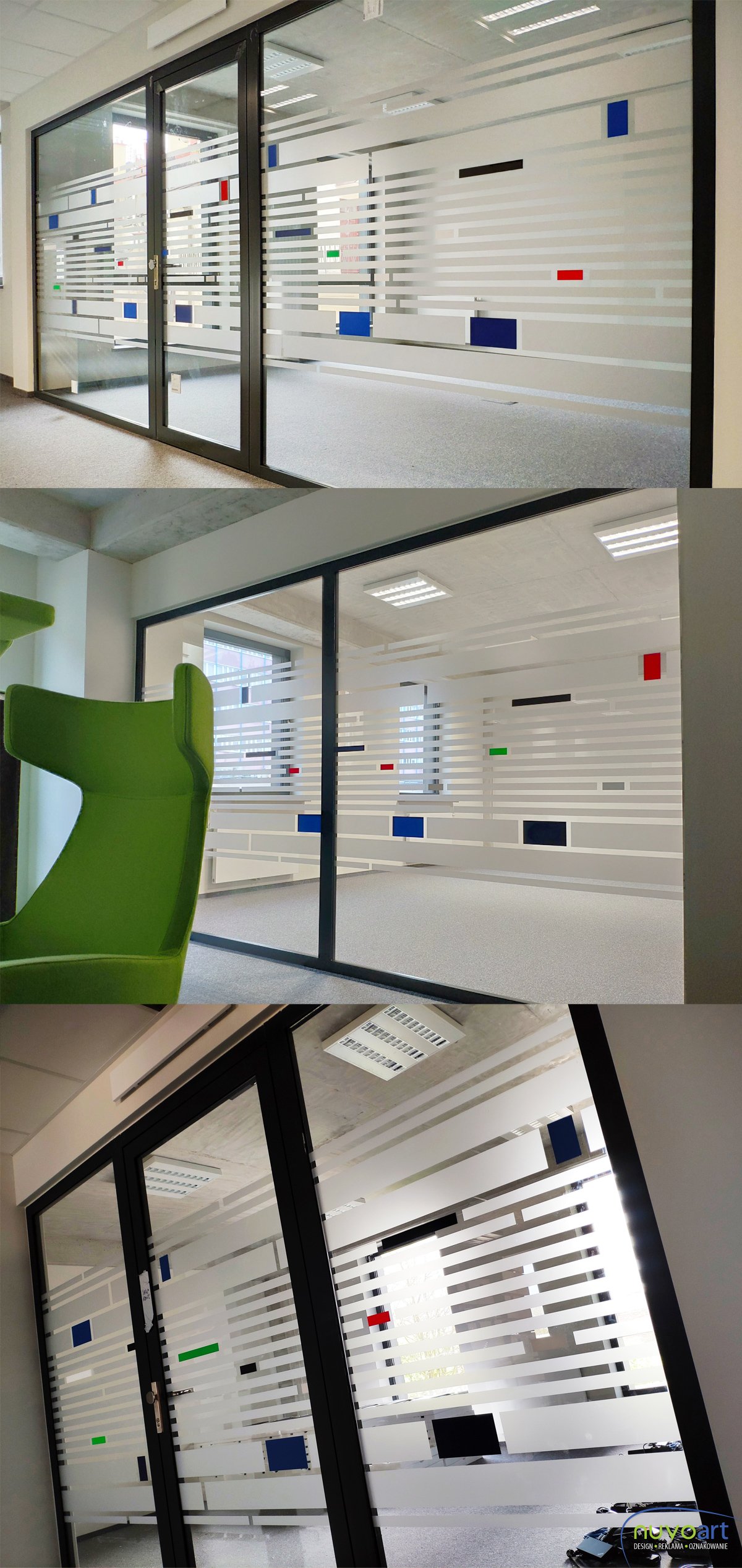 Folia mrożona wraz z wplecionymi kolorowymi elementami folii ploterowych. Realizacja w krakowskim biurowcu.