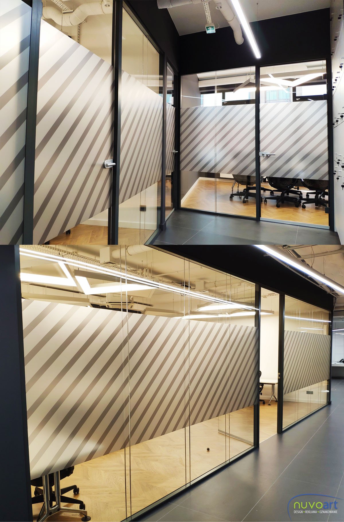 60 metrów kwadratowych folii mrożonej, z nadrukowanym wzorem graficznym naklejonej na szybach sal konferencyjnych.